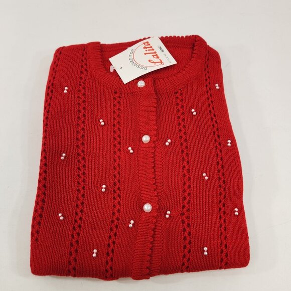 Lalita Red Cardigan Sweater with Poppies NEW Old Stock Size Large - Picture 1 of 13
